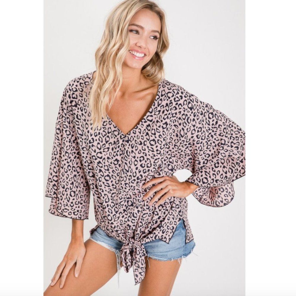 Leopard Forever Pink Black Animal Print Tie Front Kimono Wrap Top